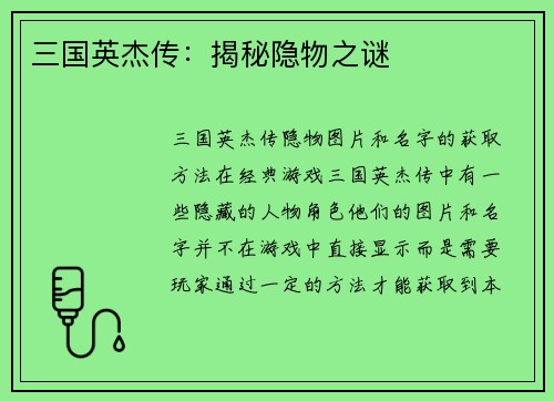 三国英杰传：揭秘隐物之谜